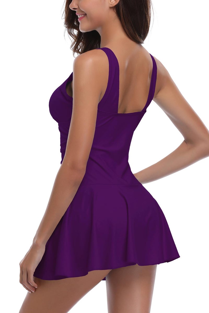 SHEKINI Women's V Neck One Piece Skirt Swimsuit Ruched Retro Swimdress Bathing Suit (Deep Purple, Large) - Image 3